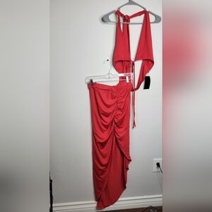 Red Ruched Bubble Midi Skirt and Halter Top for Cocktail